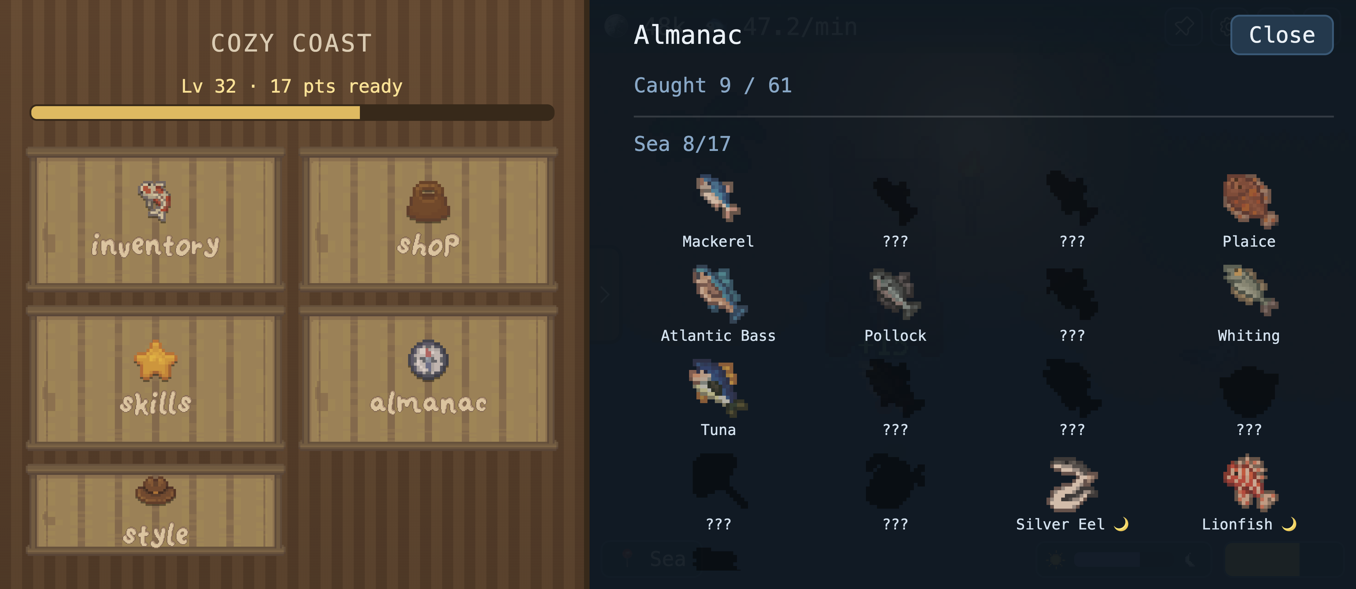The Cozy Coast almanac open beside the wooden main menu, showing sea fish including Mackerel, Atlantic Bass, Pollock, Tuna and Lionfish, with uncaught species blacked out