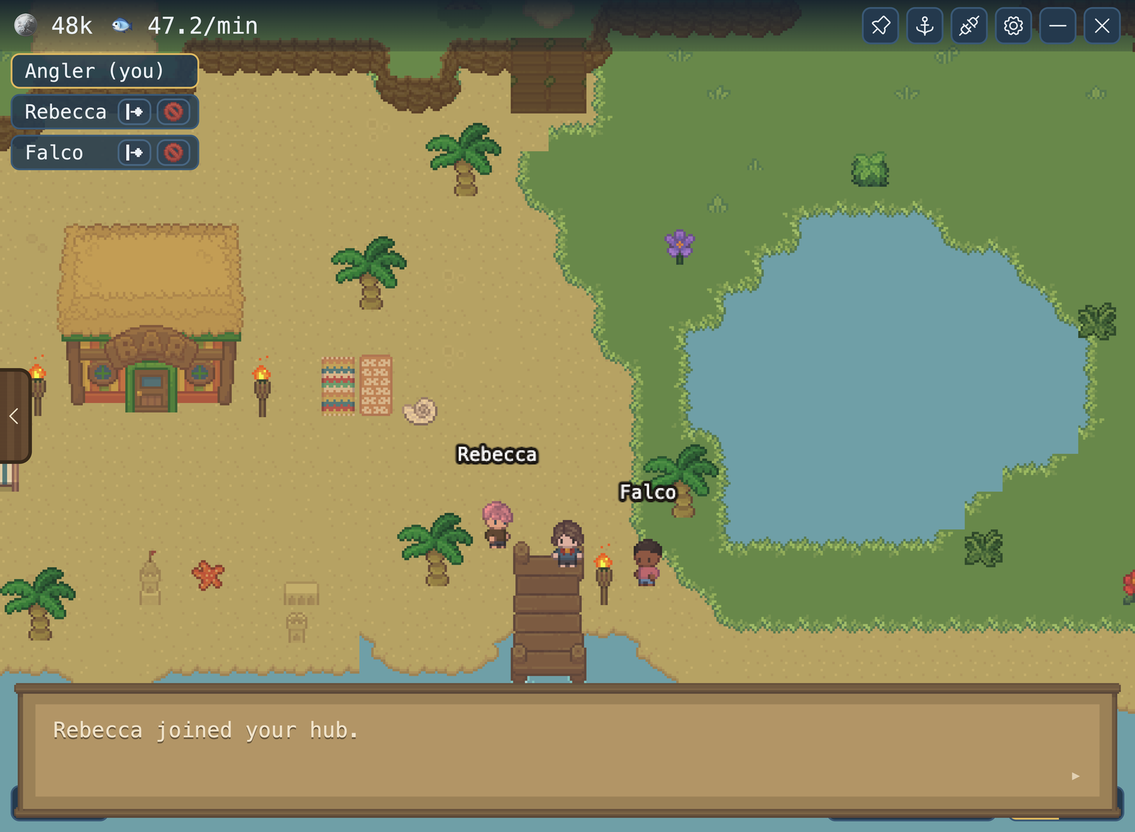 The Cozy Coast hub village with three anglers, a party list in the top left showing Angler, Rebecca and Falco with kick and ban controls, name plates above each character, and a notice reading Rebecca joined your hub