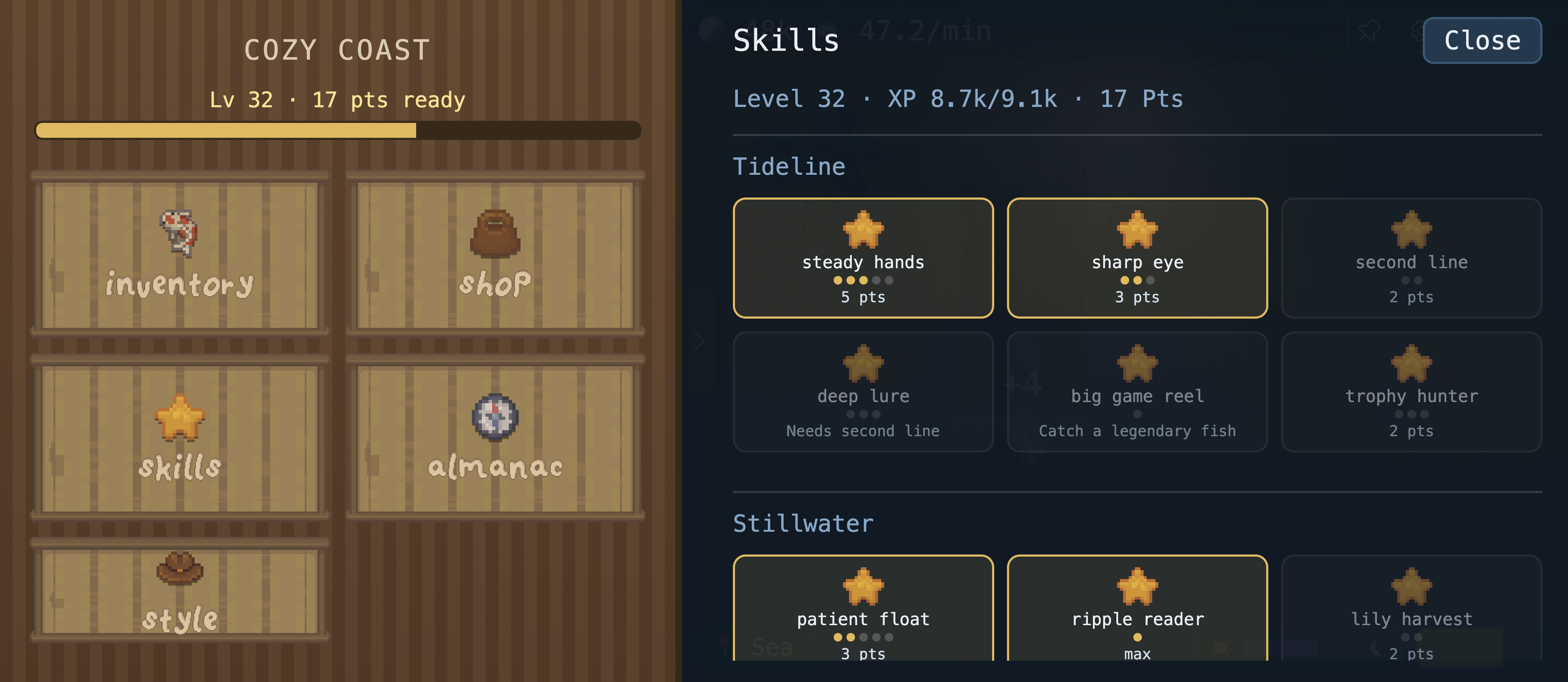 The Cozy Coast skill tree showing the Tideline and Stillwater branches, with nodes such as steady hands, sharp eye, deep lure, patient float and ripple reader, some locked behind milestones