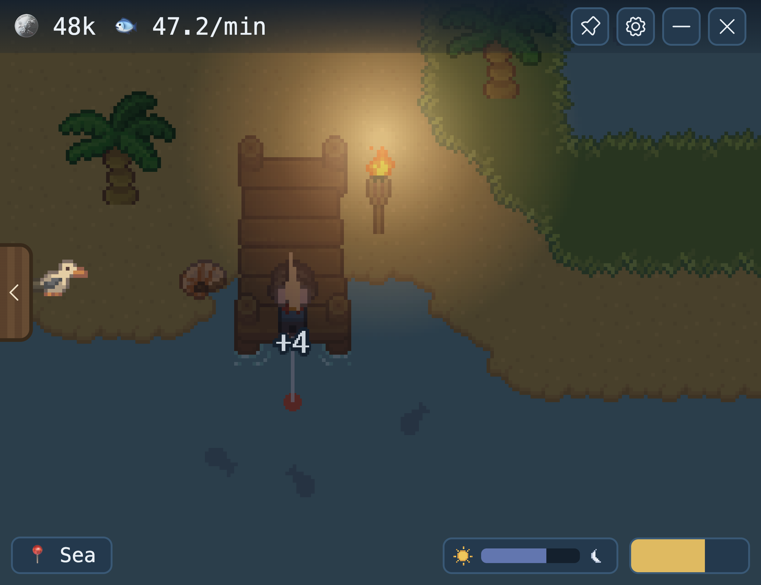 The Cozy Coast widget at night: an angler on a wooden dock casting into the sea, a lit torch on the sand, a seagull, and the coin and catch-rate counters along the top