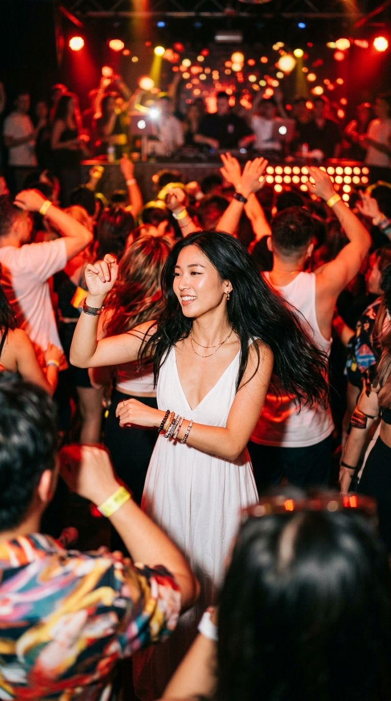 A woman in a white dress in sharp focus on a blurred, red-lit nightclub dance floor