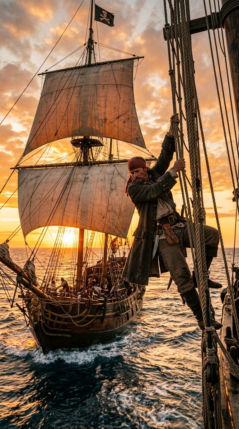 A pirate climbing the rigging of a sailing ship at sunset