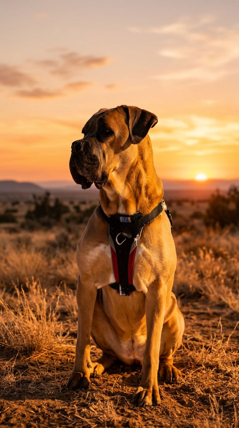 Same dog with the background swapped for a desert sunset, subject and pose unchanged