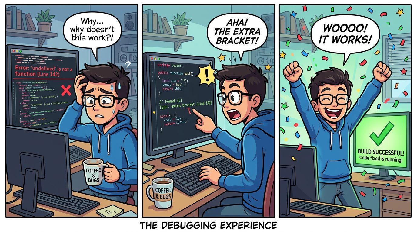 A three-panel comic strip about a programmer debugging a coding error