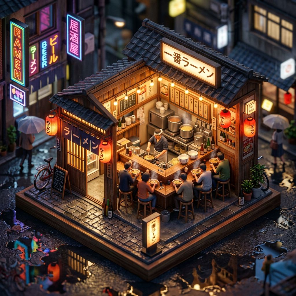 An isometric diorama of a small Japanese ramen shop on a rainy night