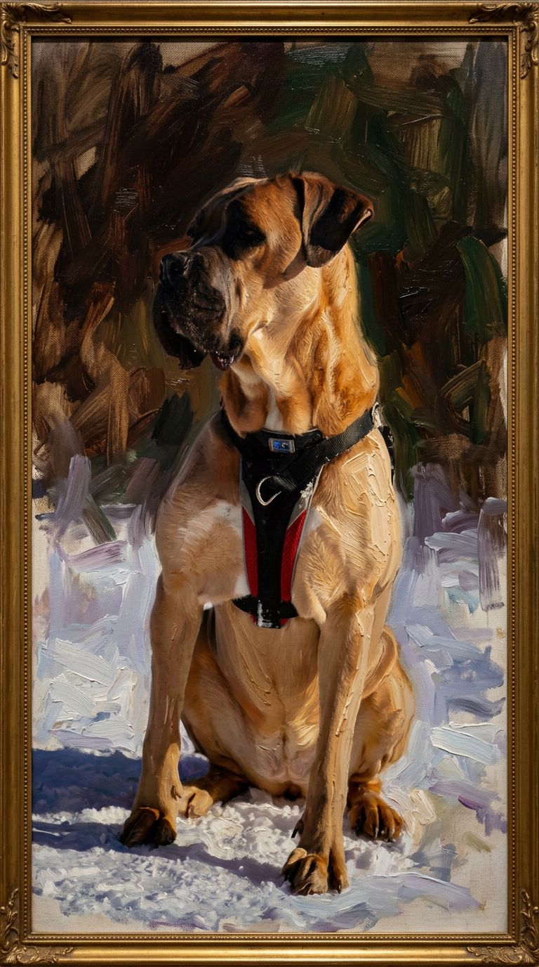 The same dog reimagined as a thick-impasto oil painting in a gold frame