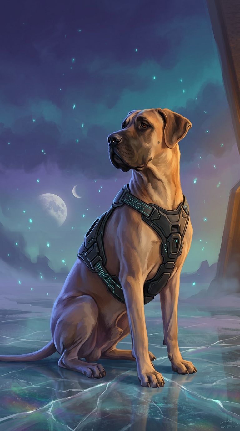 The same dog reimagined as sci-fi concept art, wearing a glowing tech harness on an alien icy plain