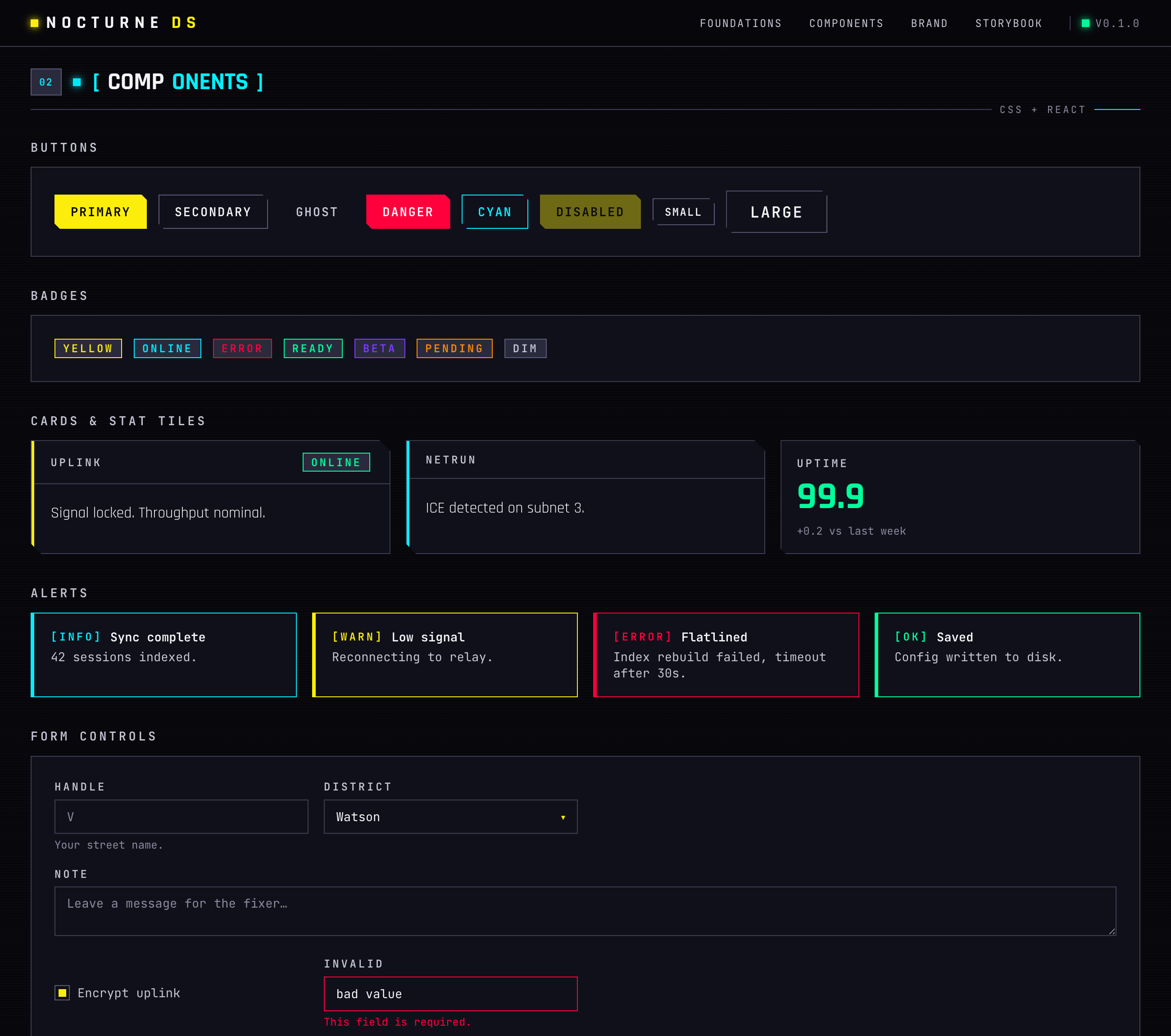 Nocturne component styleguide page showing buttons (primary, secondary, ghost, danger, cyan, disabled), badges, uplink and netrun cards, an uptime stat tile, alert states (info, warn, error, ok), and a form with handle, district, note, and validation fields