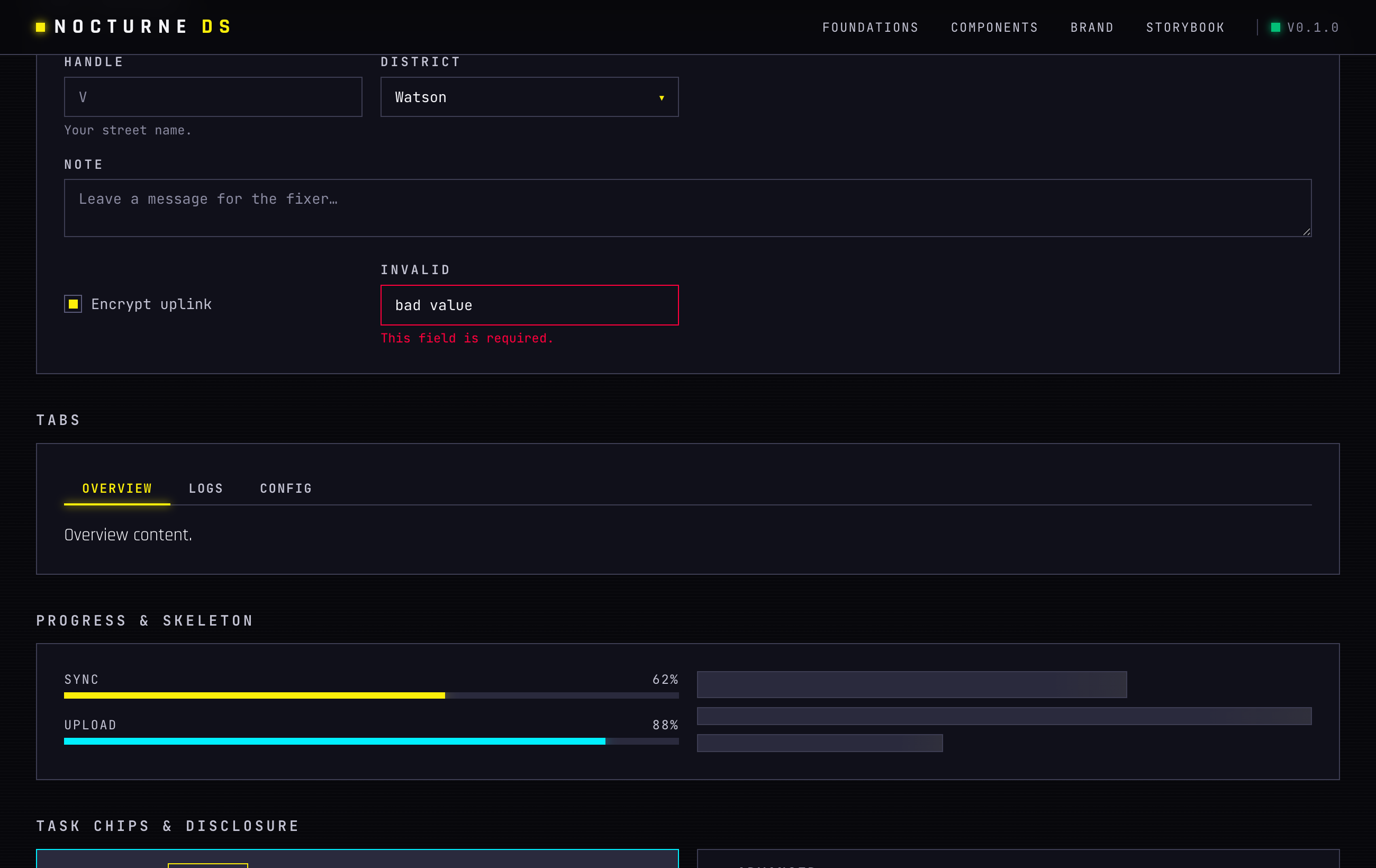 Nocturne form controls and tabs section of the styleguide, showing styled inputs, selects, and tabbed navigation in the cyberpunk theme