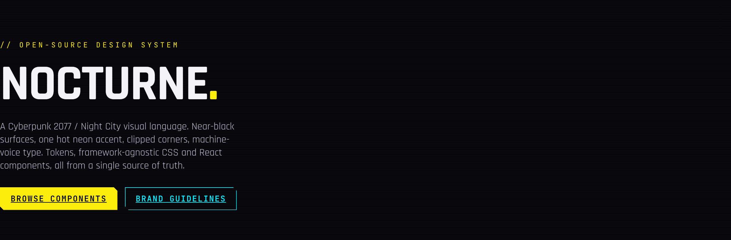 Nocturne hero section: bold NOCTURNE wordmark on a near-black background, yellow accent period, teal and yellow call-to-action buttons for Browse Components and Brand Guidelines