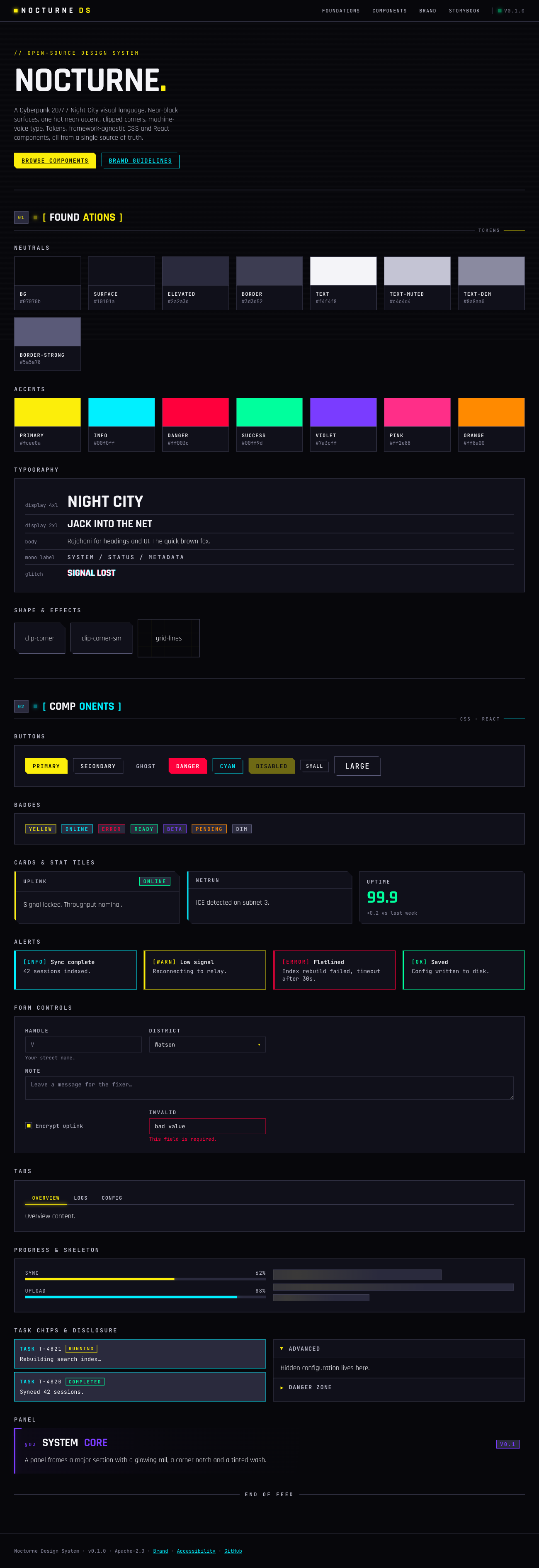Full overview of the Nocturne styleguide page, showing the complete set of sections: foundations, components, brand, and storybook navigation in the cyberpunk-themed documentation site
